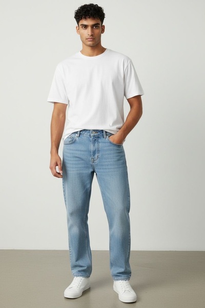 oraystore Men's Light Blue Straight Fit Jean Trousers Casual Comfortable Cut ...