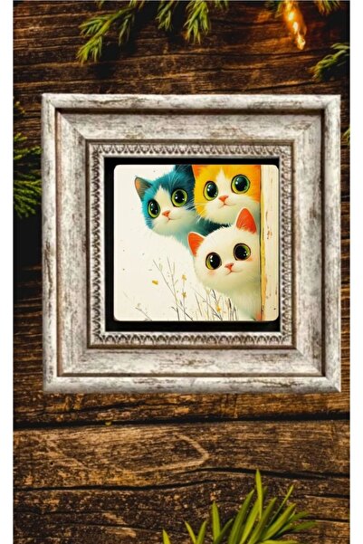 STONEVİVEART Sevimli Kediler Doğal Taş Tablo 20x 20 cm Duvar Aksesuarı