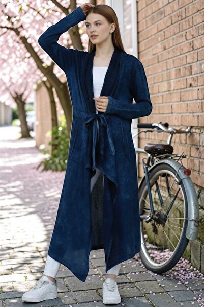 SHOPPEBUTİK Women's Shawl Collar Belted Long Pocketed Loose Cotton Knitwear C...