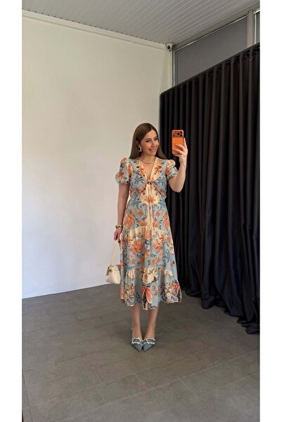 elif teke Ön Düğüm Detaylı Keten Elbise Soft Mavi
