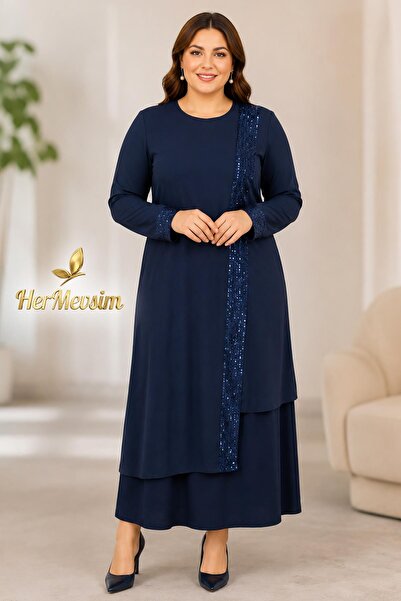 Hermevsim Missbah Women's Elena Top Sequined Chiffon Sandy Evening Dress Navy...