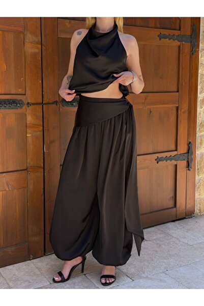 LOKADI Trendyolcum Women's Black Satin Halter Neck Backless Blouse and Baggy ...