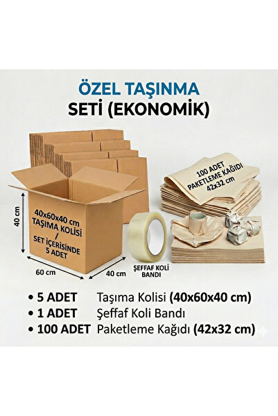 Koli Ekonomik Taşınma Seti - 5 Adet Büyük Boy (40x60x40) + Bandı + 100 Adet P...