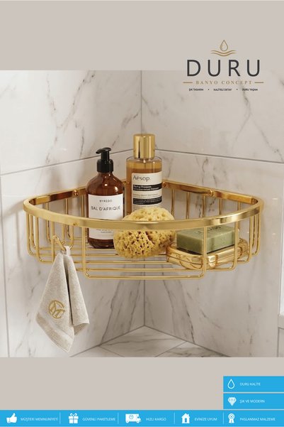 DURUBANYOCONCEPT PRİNÇ GOLD KAPLAMA BANYO KÖŞE RAFI ŞAMPUANLIK TEK KATLI