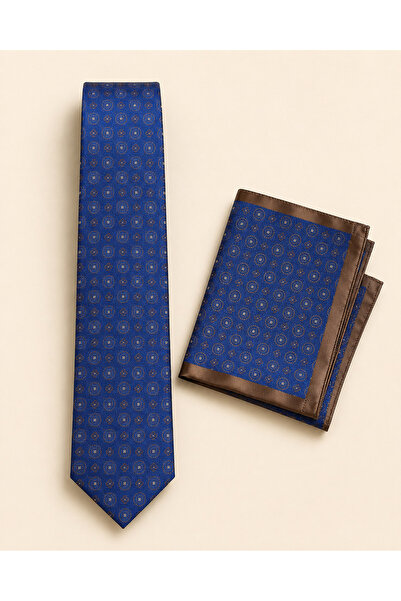Çıkrık Saks Blue Tan Motif Tie and Handkerchief Set