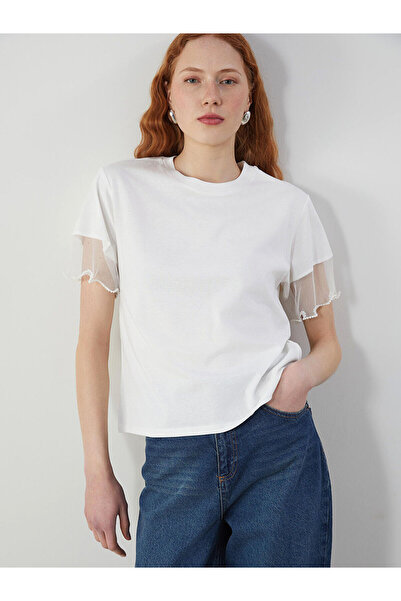 LC Waikiki Nevavm Women's T-Shirt with Oval Collar and Bead Embroidery