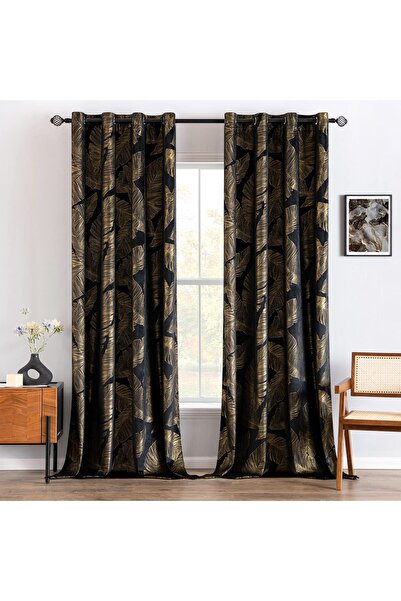 MIULEE Black opaque velvet curtains with a golden leaf pattern, 2 pieces, wit...