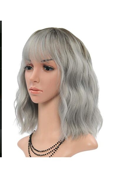 OEM Perucă scurtă, ondulată, sintetică, gri, cu breton, 30 cm, ombre gri