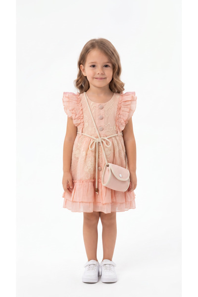 Mışıl Kids Rochie pentru fetițe cu broderie florală, volane și geantă asortată