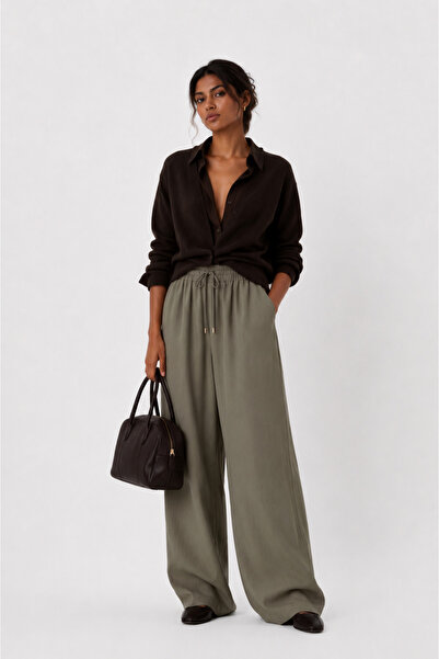 kikiriktekstil 10801 Women's 100% Cotton High Waist Tencel Pants with Drawstring