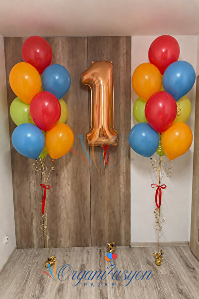 Organizasyon Pazarı 1 Year Old Rose Gold Number Colorful Rainbow Balloon Bouq...