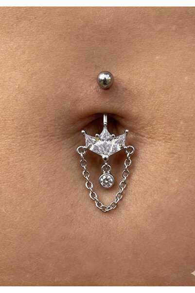 kurukafagift Zincir Sallantılı Taç Figürlü Damla Taşlı Göbek Çelik Piercing