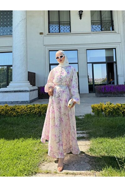 MODA TESETİVA Birit Düğme Detaylı Çiçekli Elbise - Lila