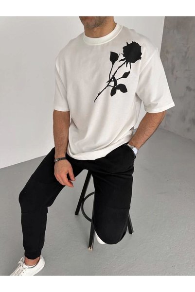 Generic Brand Men's Short Sleeve T-Shirt Crew Neck Rose Printed Oversize T-Sh...