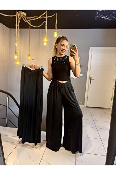 Gözde Tasarım Butik بنطلون نسائي من قماش المودال بلون أسود أنثراسايت بقصة شال...