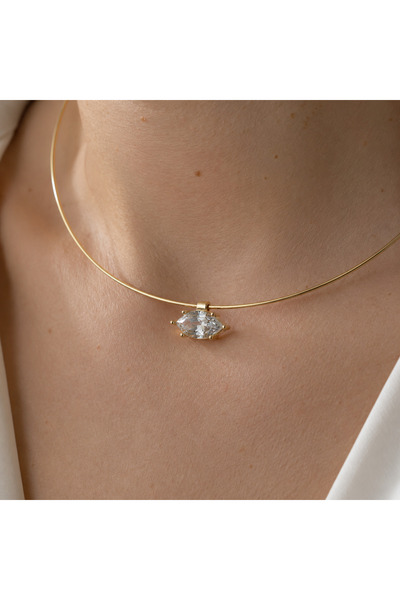 nerora Markiz Kesim Choker Kolye Beyaz Damla Taşlı 14K Altın Kaplama (Kararma...
