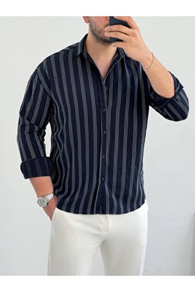 AURA GİYİM Men's Three Stripes Linen Oversize Relaxed Fit Long Sleeve Summer ...