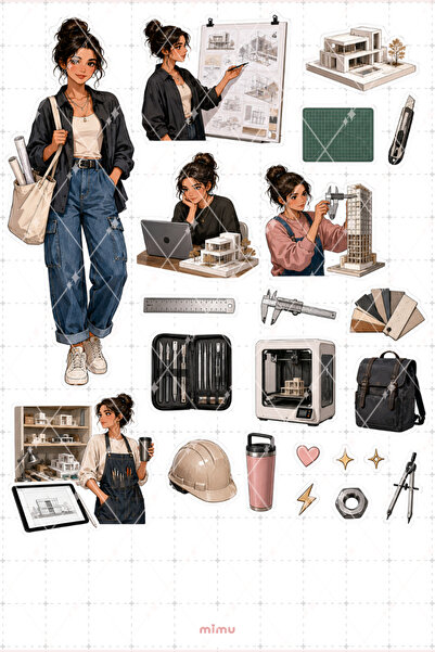 Mimu Art Studio Mimarlık Öğrencisi Sticker Seti Maket Proje Tasarım Temalı De...