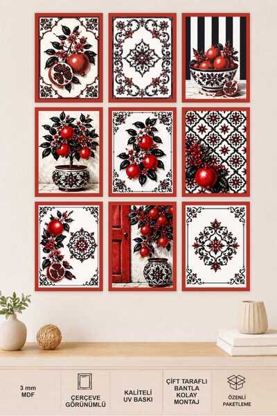 UNT Nar Motifli Siyah Kırmızı Dekoratif MDF Tablo Seti – 9 Parça Modern Desen...