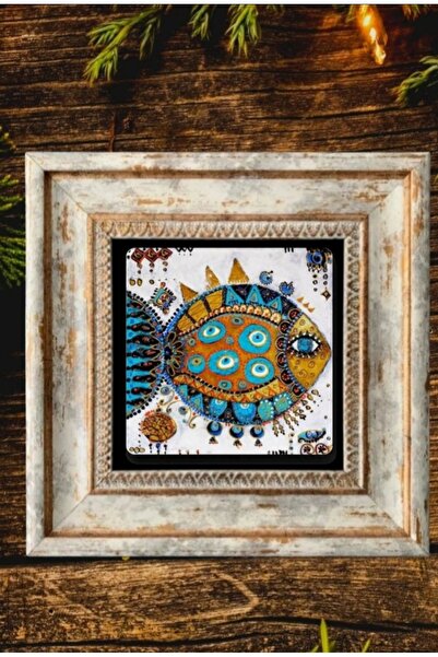 STONEVİVEART Renkli Balıklar Doğal Taş Baskılı Çerçeveli 20X20 Cm Taş Tablo D...
