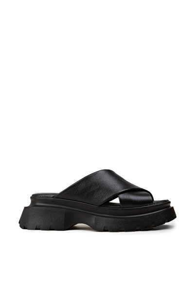 Deery Women's Genuine Leather Black Platform Slippers