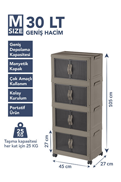 Lavine ”MEDIUM” 4 Katlı Portatif Dolap Organizer 30LT Çok Amaçlı Mıknatıs Kapaklı, Katlanır, Tekerlekli