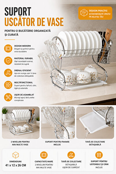 OEM HomeRoy – 2-Tier Dish Drying Rack, 41 × 12 × 26 cm