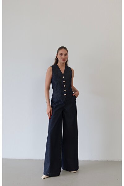 Myra Fashion Gold Düğme Detaylı Premium Denim Yelek V Yaka Koyu Yıkama Jean Y...