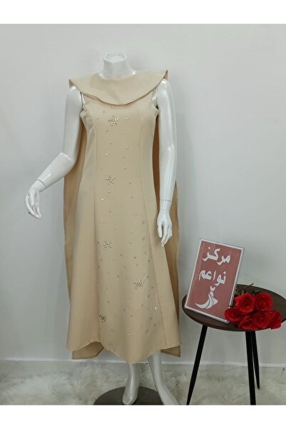 NAWAEIM Barbie Elegant Beige Crystal Embellished Maxi Dress with Long Shawl f...