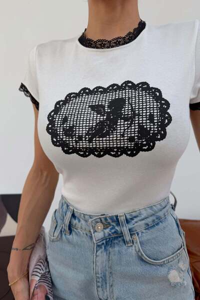 mylove Lace Collar Angel Printed Tshirt White