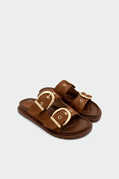 LAMİNTA Holix Gold Buckle Detailed Tan Suede Slippers