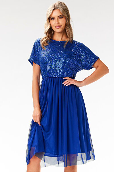 Awama Awama midi evening dress, sequins and Tulle, blue, Polyester/ Elastane,...
