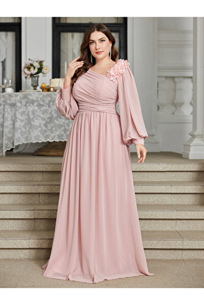 SUPGIR Plus Size Pink Embellished Maxi Dress with Floral Detail
