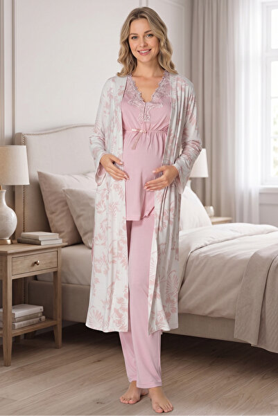 BLACKMORE Women's Powder Lace Detailed Cotton Maternity Pajama Set 3-Piece Set