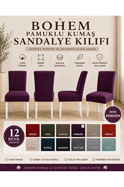 İLYEVTEKSTİLİ Bohem Pamuklu Esnek Standart Sandalye Kılıfı, Yıkanabilir, Doku...
