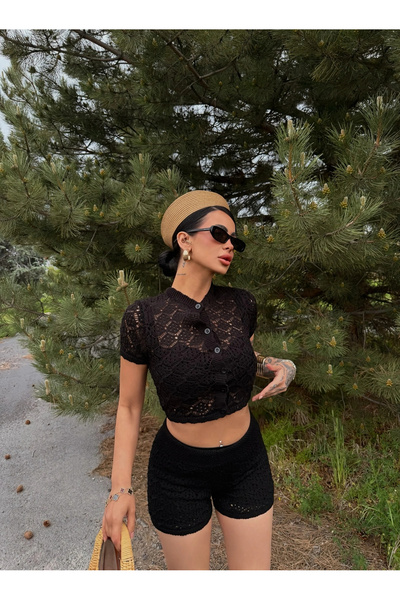 kırmızı butiks Black Buttoned Knitwear Double Set