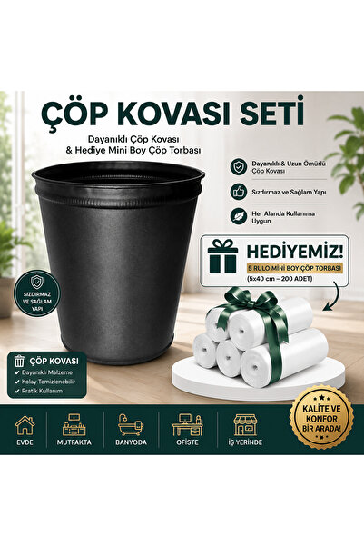 Torbeks 13 LT Metal Paslanmaz Masa Altı Çöp Kovası-5 Rulo Mini Boy Çöp Torbas...