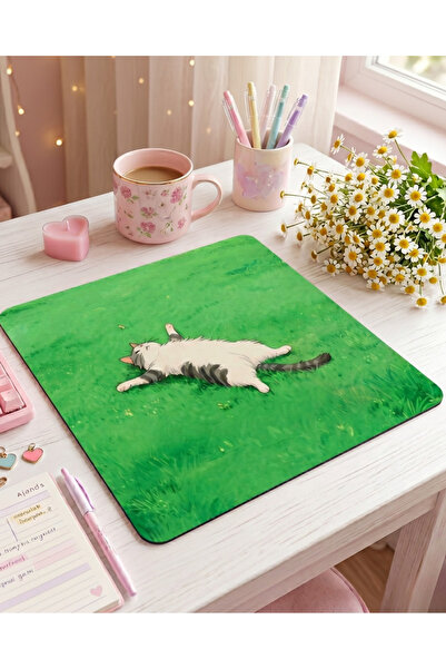 matizya Kare Mousepad Çimende Yatan Sevimli Kedi Desenli Kaymaz Tabanlı Ofis ...