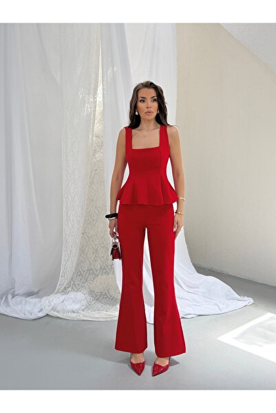 LE CARAMBOLE Women's Red Square Collar Blouse and Trousers Two-Piece Set
