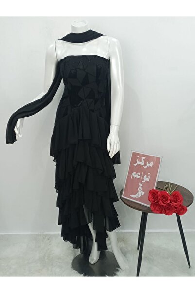 NAWAEIM Black Chiffon Long Layered Ruffle Evening Dress with Neck Shawl