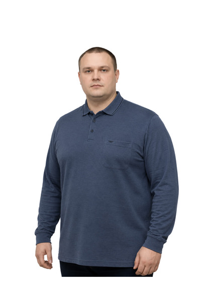 BattalModa Erkek Büyük Beden Melanj İndigo Polo Yaka Uzun Kollu Pike Tişört M...