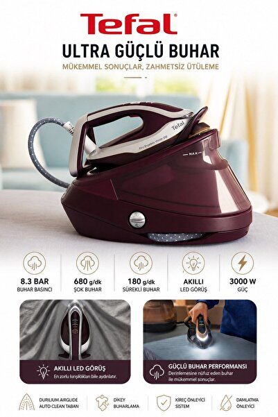 TEFAL 3000 W Hızlı Isınan Buhar Kazanlı Ütü 8.3 Bar 680 Gr Şok Buhar Çizilmez...