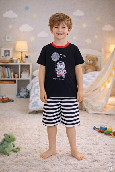 koza iç giyim Erkek Çocuk Pamuklu Çizgili Baskılı Kısa Kollu Şortlu Pijama Takımı