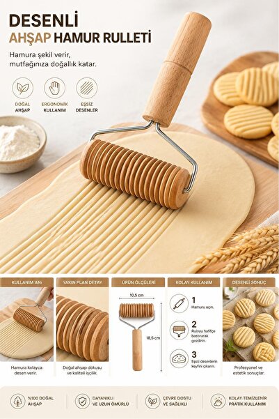 Kitchen Beauty Şekilli Ahşap Saplı Rulo Hamur Açıcı Merdane Pürüzsüz Oklava Pizza Börek Hamur Açma Ruleti