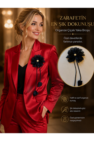 CROCUS DESIGN Kristal taş detaylı organze çiçek yaka broş