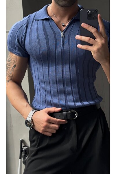 Kendinden Şeritli Fermuarlı Regular Fit Polo Yaka Triko