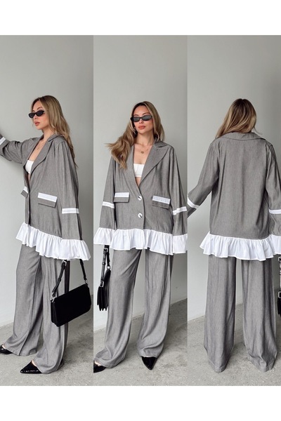PELTEX Ruffle Detailed Shirt Jacket Elastic Waist Pants Two-Piece Set