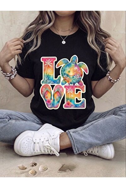 SİBELİZE تي شيرت مطبوع عليه Love Baskıd Compact ذو طابع شاطئي استوائي
