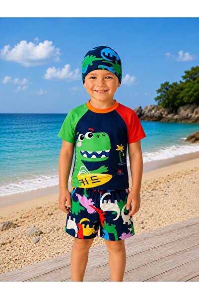 My Kids Wear Boys' Dinosaur Patterned Swim Shorts Set – 3 Piece Swimsuit Set ...