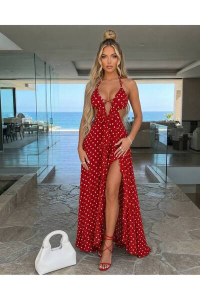 Miss Beyoğlu Women's Ruffled Polka Dot Maxi Dress